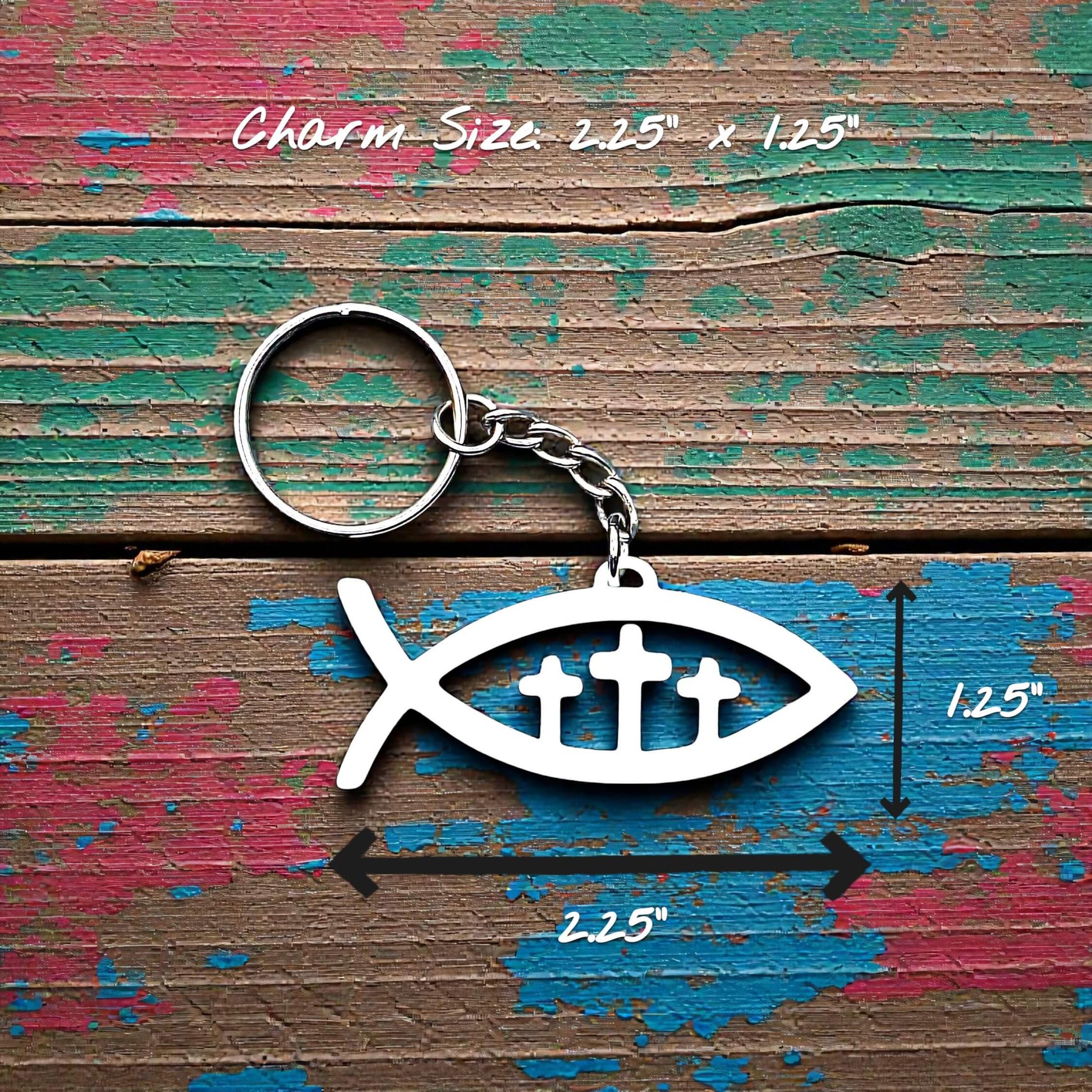 Handmade Christian Fish Keychain featuring three crosses in white, perfect for religious gifts, baptism, confirmation, Sunday school, and church events.