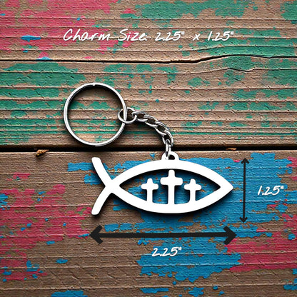 Handmade Christian Fish Keychain featuring three crosses in white, perfect for religious gifts, baptism, confirmation, Sunday school, and church events.
