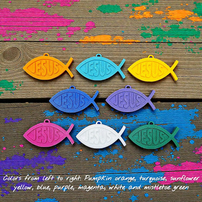 Christian Fish Keychains with “Jesus” in the center in assorted colors, handmade faith charm for Bible study, church gifts, or daily inspirational accessory.