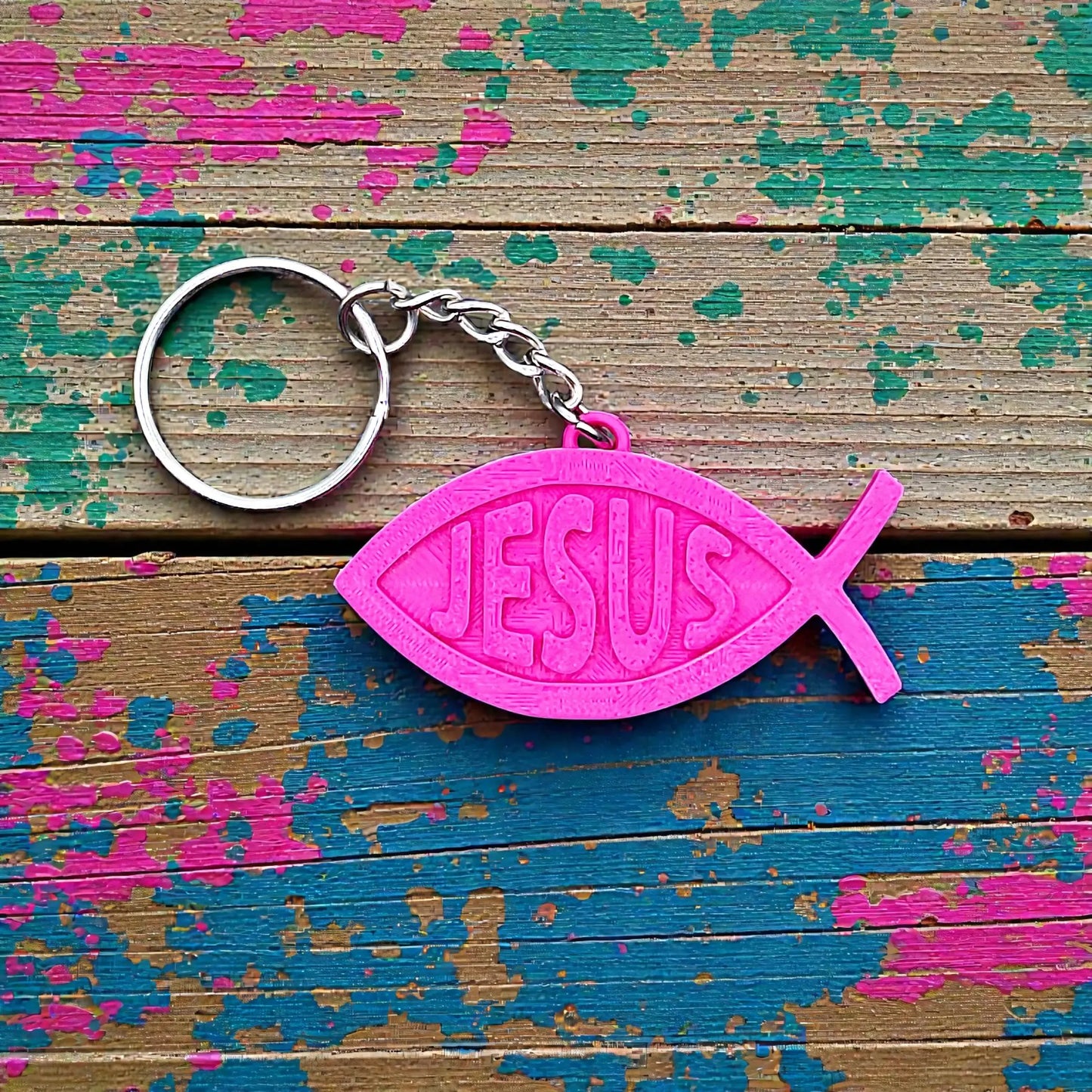 Christian Fish Keychain with “Jesus” in the center, handmade faith charm for Bible study, church gifts, or daily inspirational accessory.