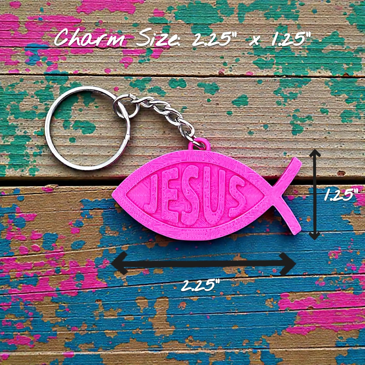 Christian Fish Keychain with “Jesus” in the center in magenta, handmade faith charm for Bible study, church gifts, or daily inspirational accessory.