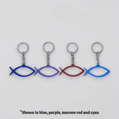 Handmade and customizable Ichthys Fish Keychains in multiple colors, inspirational religious charms for Easter gifts, VBS giveaways, and church favors.