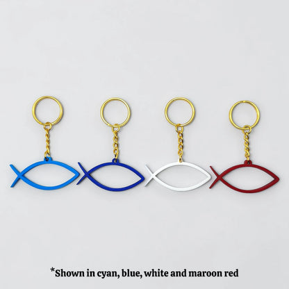 Handmade and customizable Ichthys Fish Keychains in four colors with gold keyrings, inspirational religious charms for Easter gifts, VBS giveaways, and church favors.