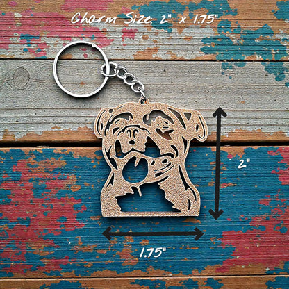 Size guide for handmade and customizable pit bull keychain in brown, perfect for pittie owners, pitbull lovers, party favors, and unique bag charms.