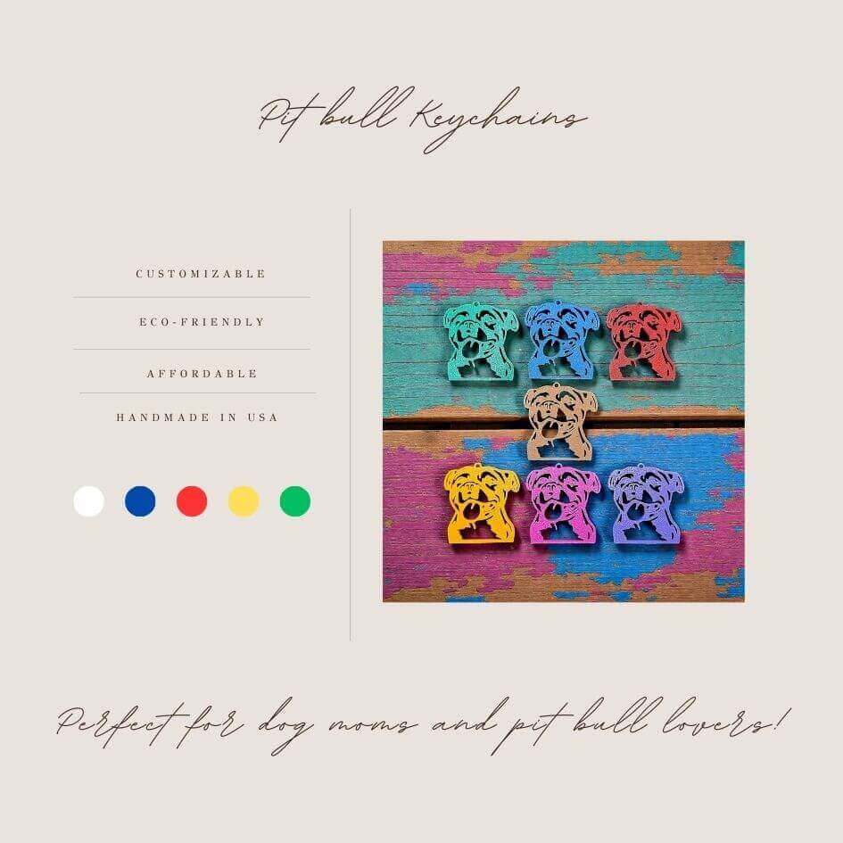 Handmade and customizable pit bull keychains in various colors, perfect for pittie owners, pitbull lovers, party favors, and unique bag charms.