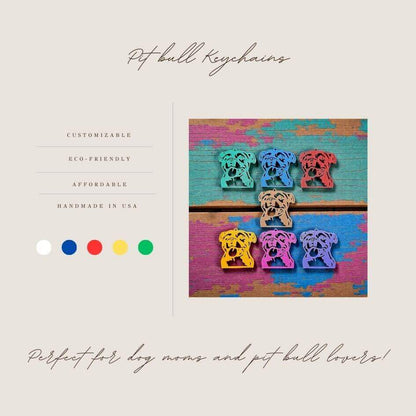 Handmade and customizable pit bull keychains in various colors, perfect for pittie owners, pitbull lovers, party favors, and unique bag charms.