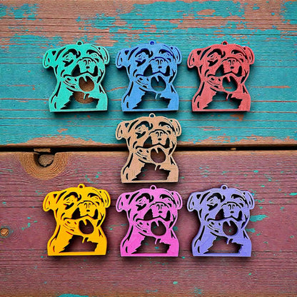 Reverse of handmade and customizable pit bull keychains in multiple colors, perfect for pittie owners, pitbull lovers, party favors, and unique bag charms.