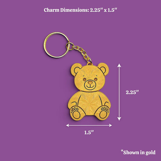 Colorful teddy bear keychain in gold - handmade eco-friendly charms perfect for kids, baby showers, party favors, or animal-themed gifts.