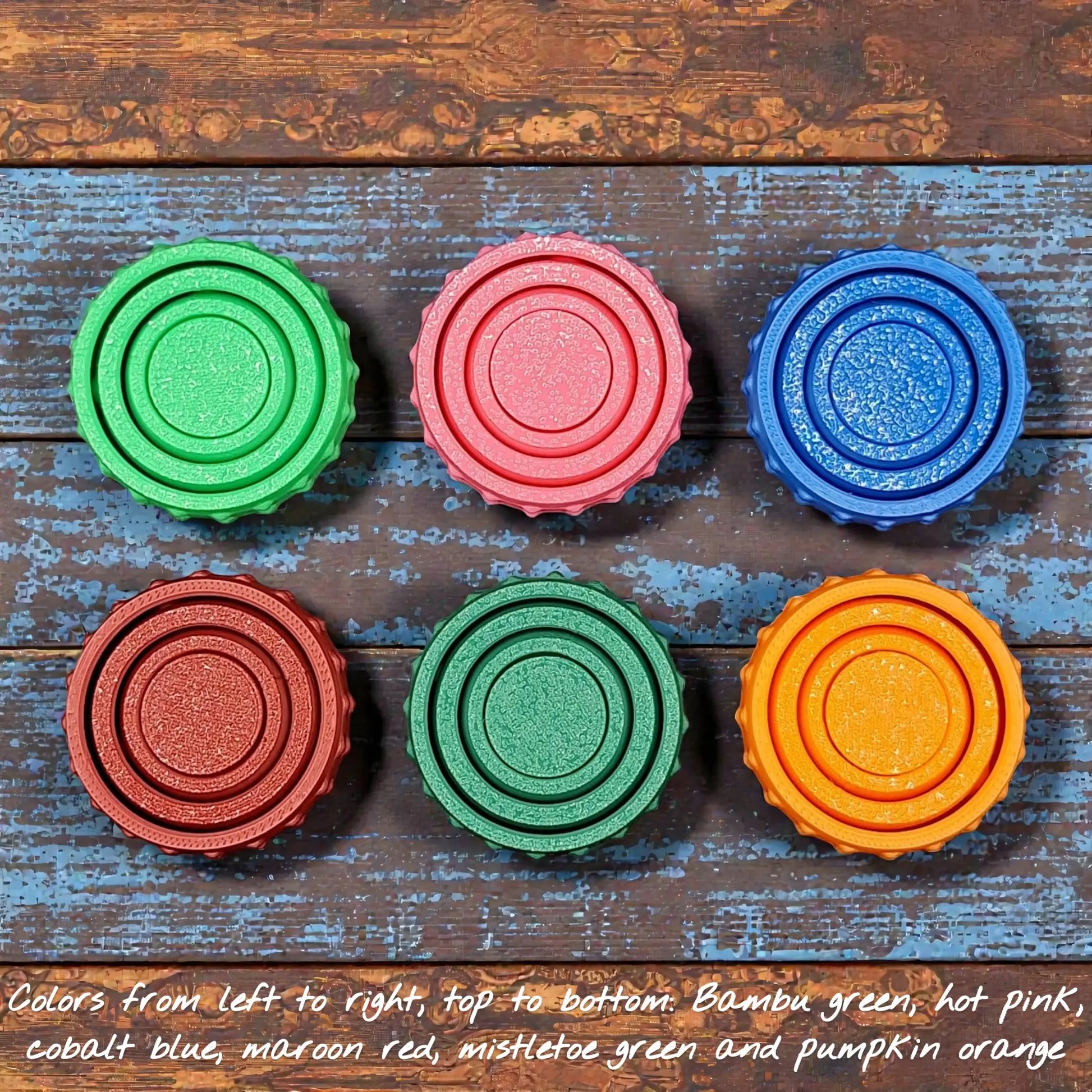 Six colorful pocket fidget spinners, great for anxiety, sensory needs, and focus on the go—compact and eco-conscious design.