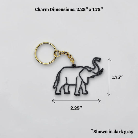 Safari elephant keychain with gold keyring, perfect for classroom prizes, party favors for kids birthdays, baby showers and unique stocking stuffers.
