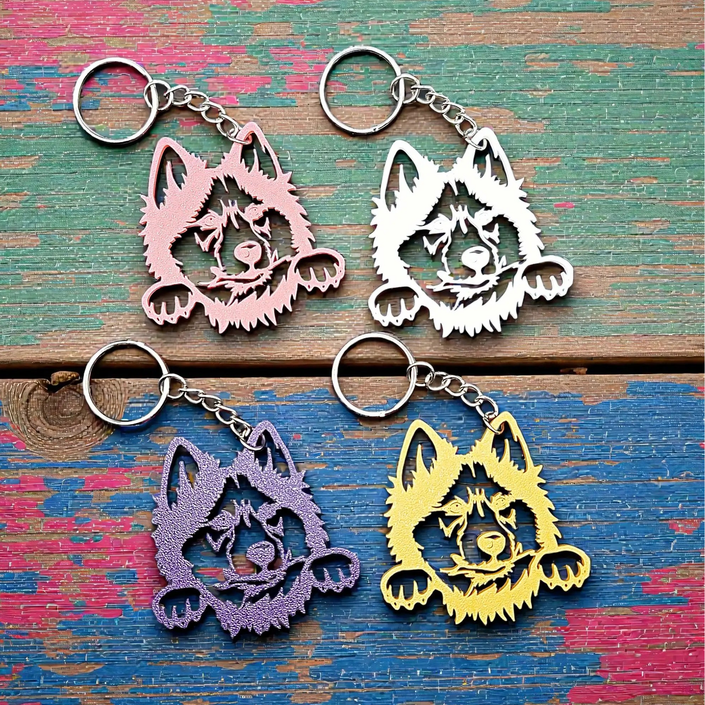 Siberian Husky customizable keychains in various colors, featuring a detailed head profile, handmade from eco-friendly PLA plastic—perfect for dog moms and husky lovers.