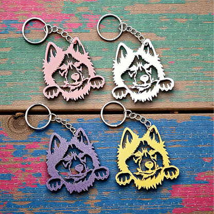 Siberian Husky customizable keychains in various colors, featuring a detailed head profile, handmade from eco-friendly PLA plastic—perfect for dog moms and husky lovers.