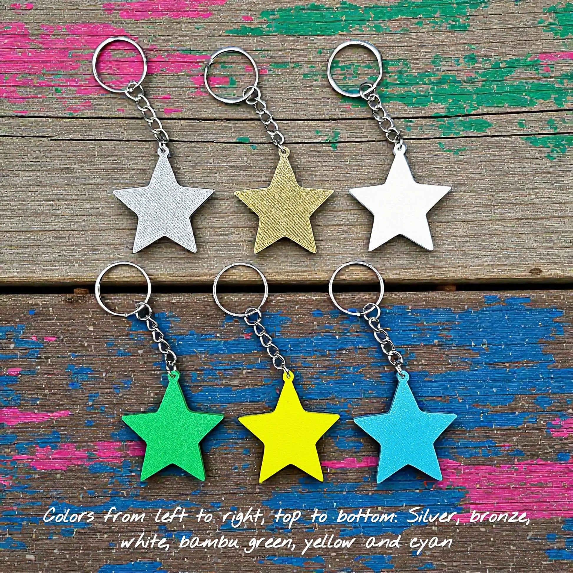 Handmade and customizable star keychains in multiple colors, made from eco PLA plastic, ideal for classroom prizes, rewards, events, kids, and party favors.