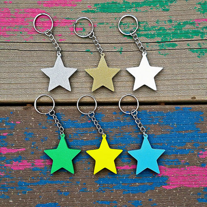 Handmade and customizable star keychains in various colors, made from eco PLA plastic, ideal for classroom prizes, rewards, events, kids, and party favors.