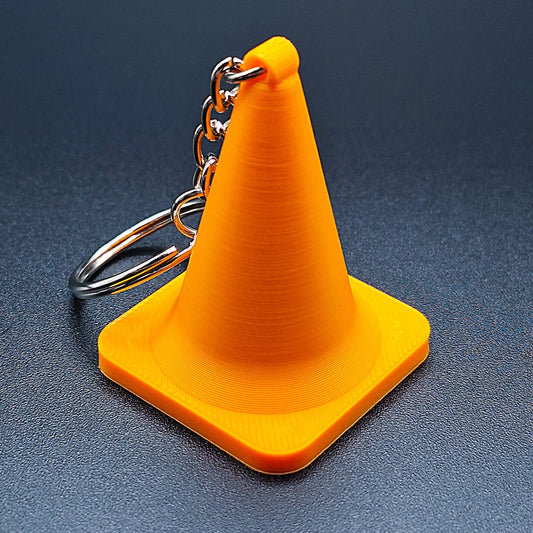 Classic orange mini traffic cone keychain, handmade from eco-friendly PLA plastic, great for road crew gifts or funny key rings.
