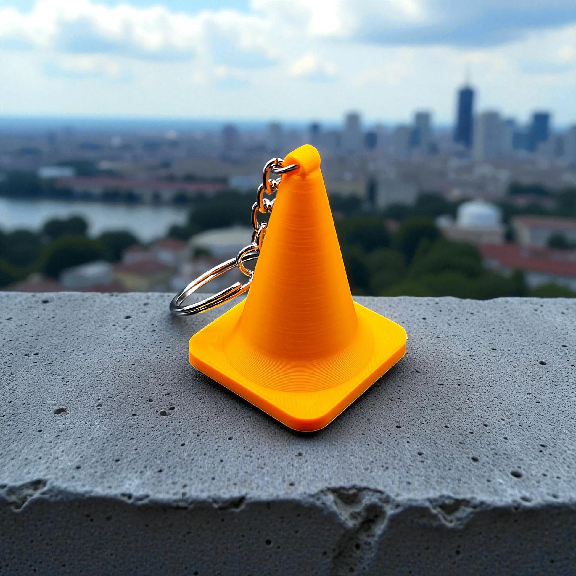 Traffic cone keychain, showing detailed shape and eco PLA material, ideal for gag gifts or themed sets.