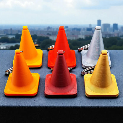 Traffic cone keychains, showing detailed shape and eco PLA material, ideal for gag gifts or themed sets.