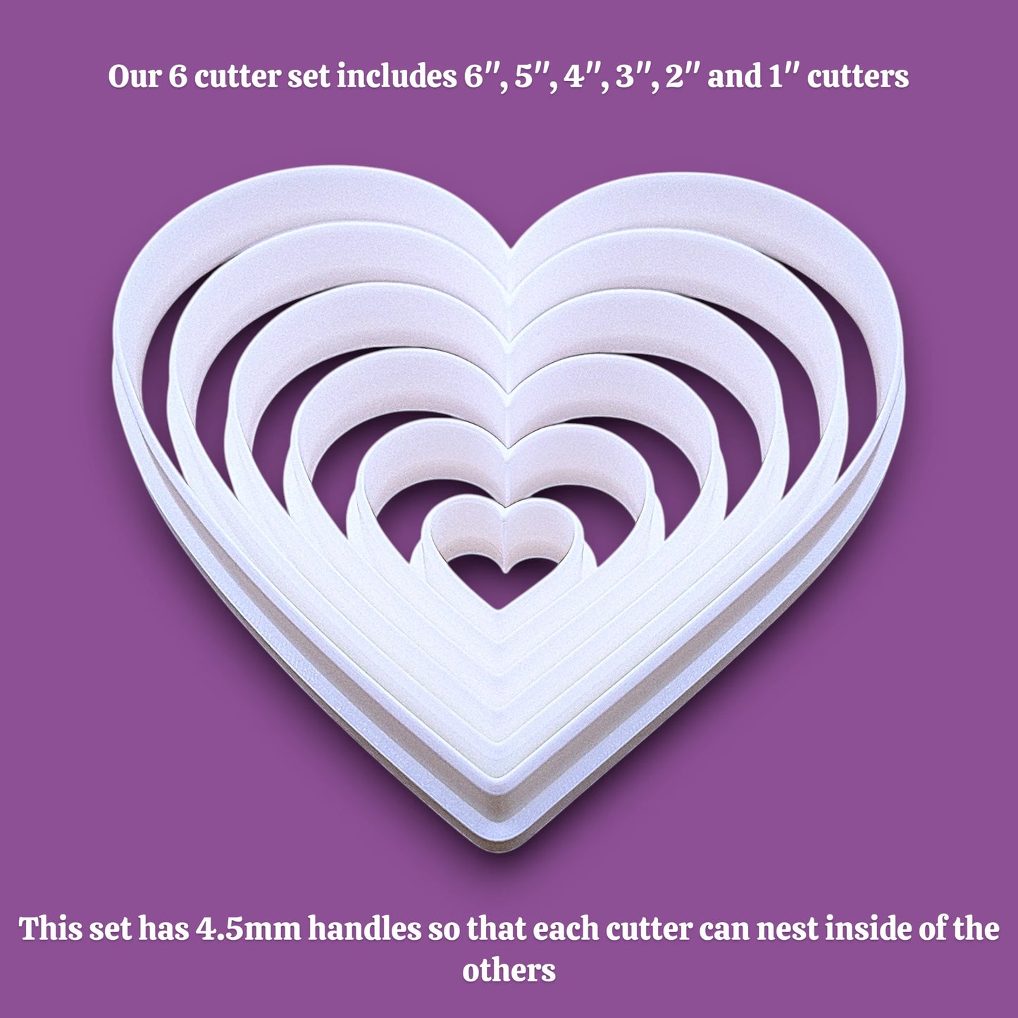 Heart cookie cutter set with sizes 6”–1”. Perfect for cookies, fondant, crafts, weddings, and Valentine’s Day baking fun.