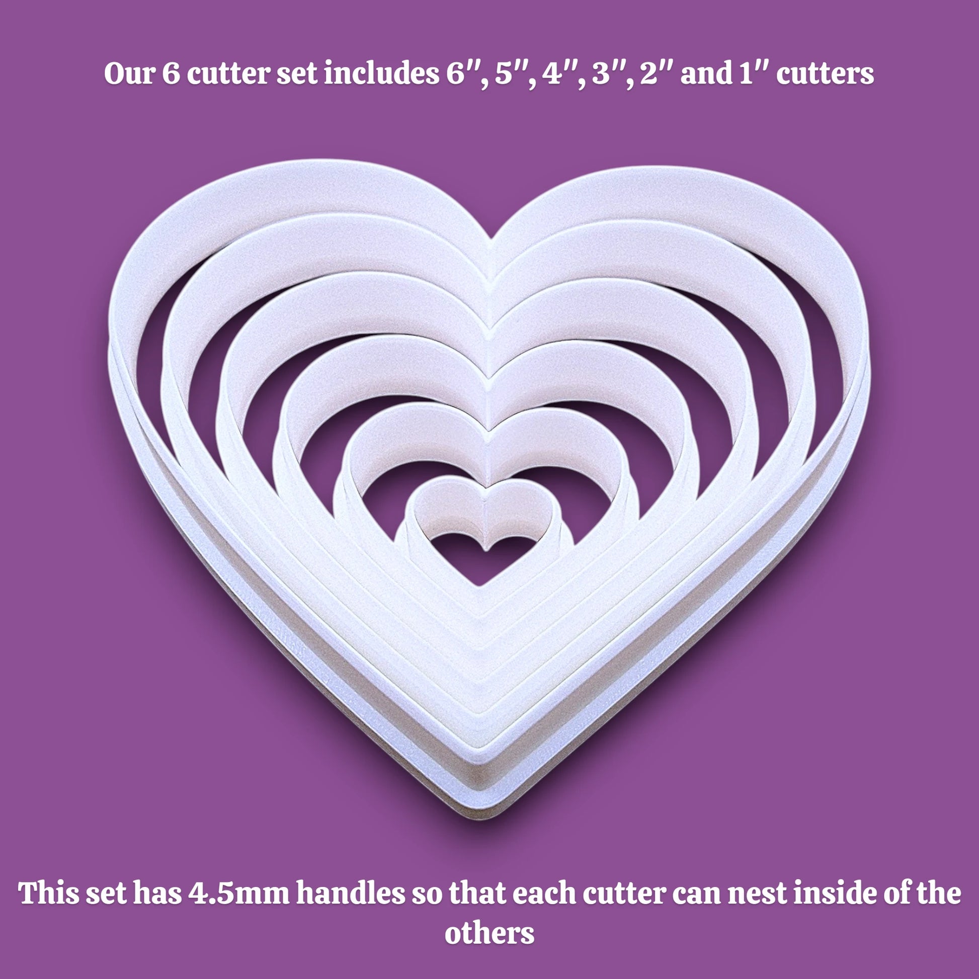 Heart cookie cutter set with sizes 6”–1”. Perfect for cookies, fondant, crafts, weddings, and Valentine’s Day baking fun.