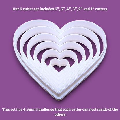 Heart cookie cutter set with sizes 6”–1”. Perfect for cookies, fondant, crafts, weddings, and Valentine’s Day baking fun.