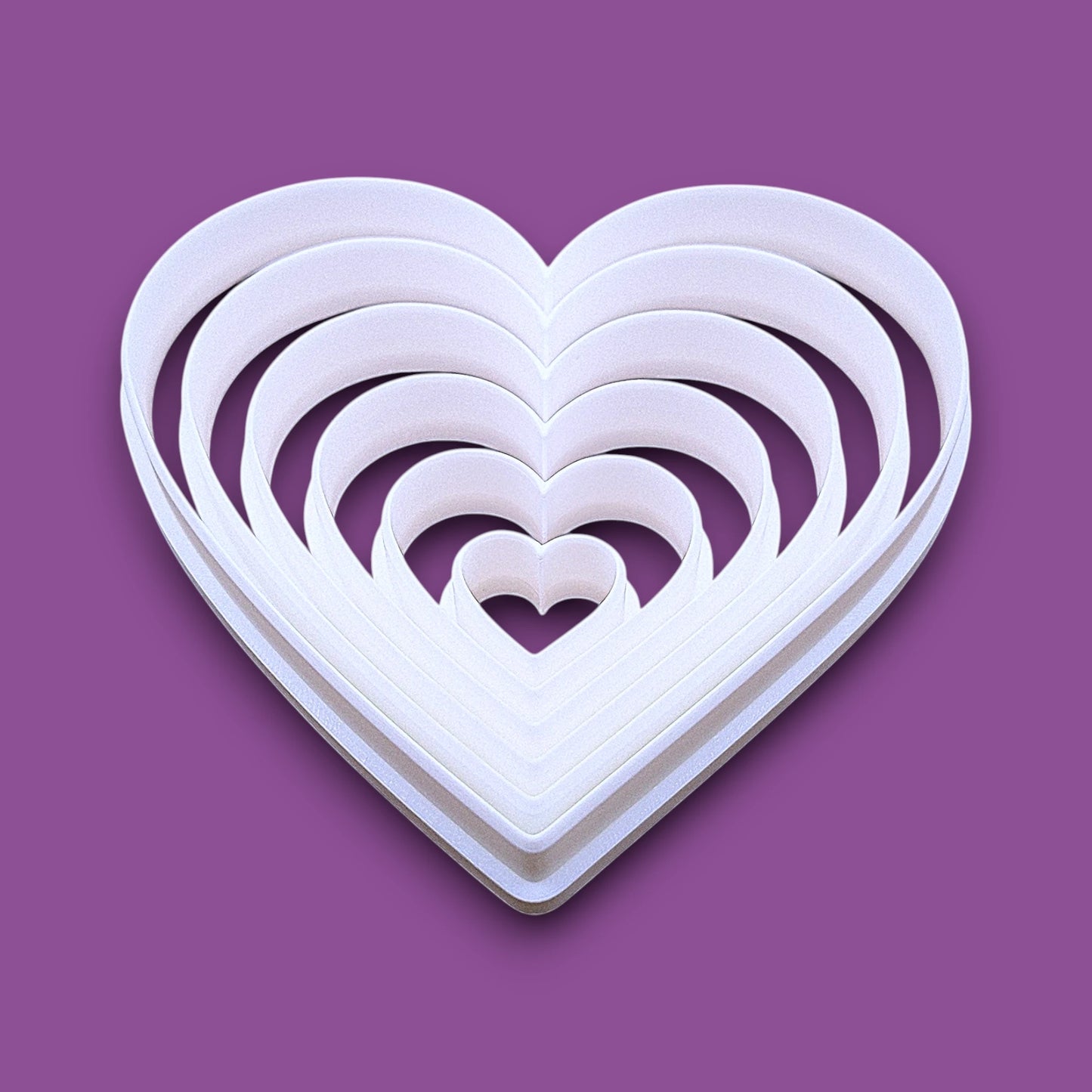 Heart shaped six piece cookie cutter set with sizes 6”–1”. Perfect for layered cookies, fondant, crafts, weddings, and Valentine’s Day baking fun.
