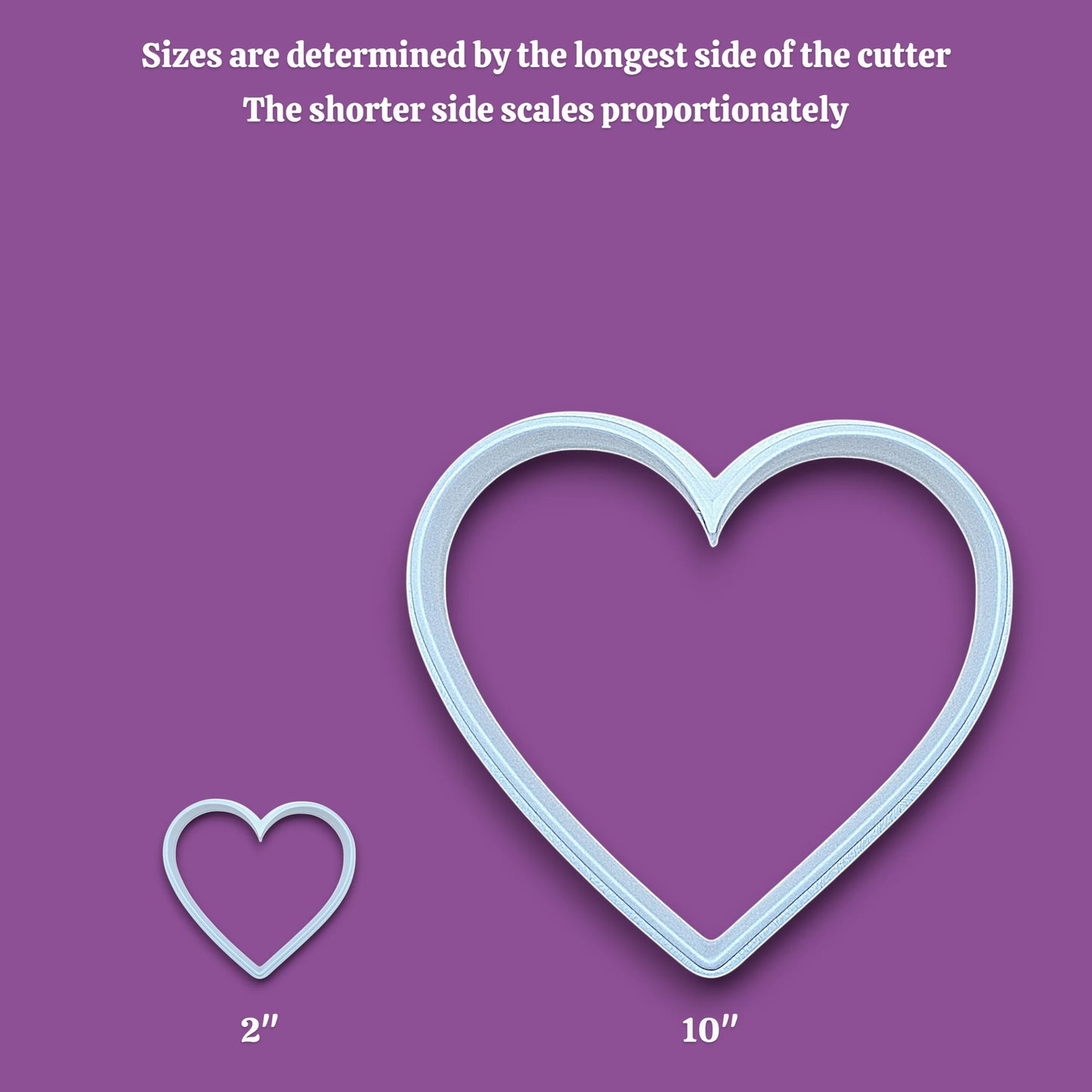 Heart cookie cutter alongside a sizing chart. Perfect for layered cookies, fondant, crafts, weddings, and Valentine’s Day baking fun.