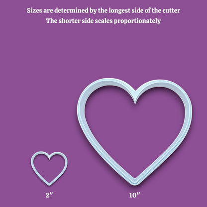 Heart cookie cutter alongside a sizing chart. Perfect for layered cookies, fondant, crafts, weddings, and Valentine’s Day baking fun.