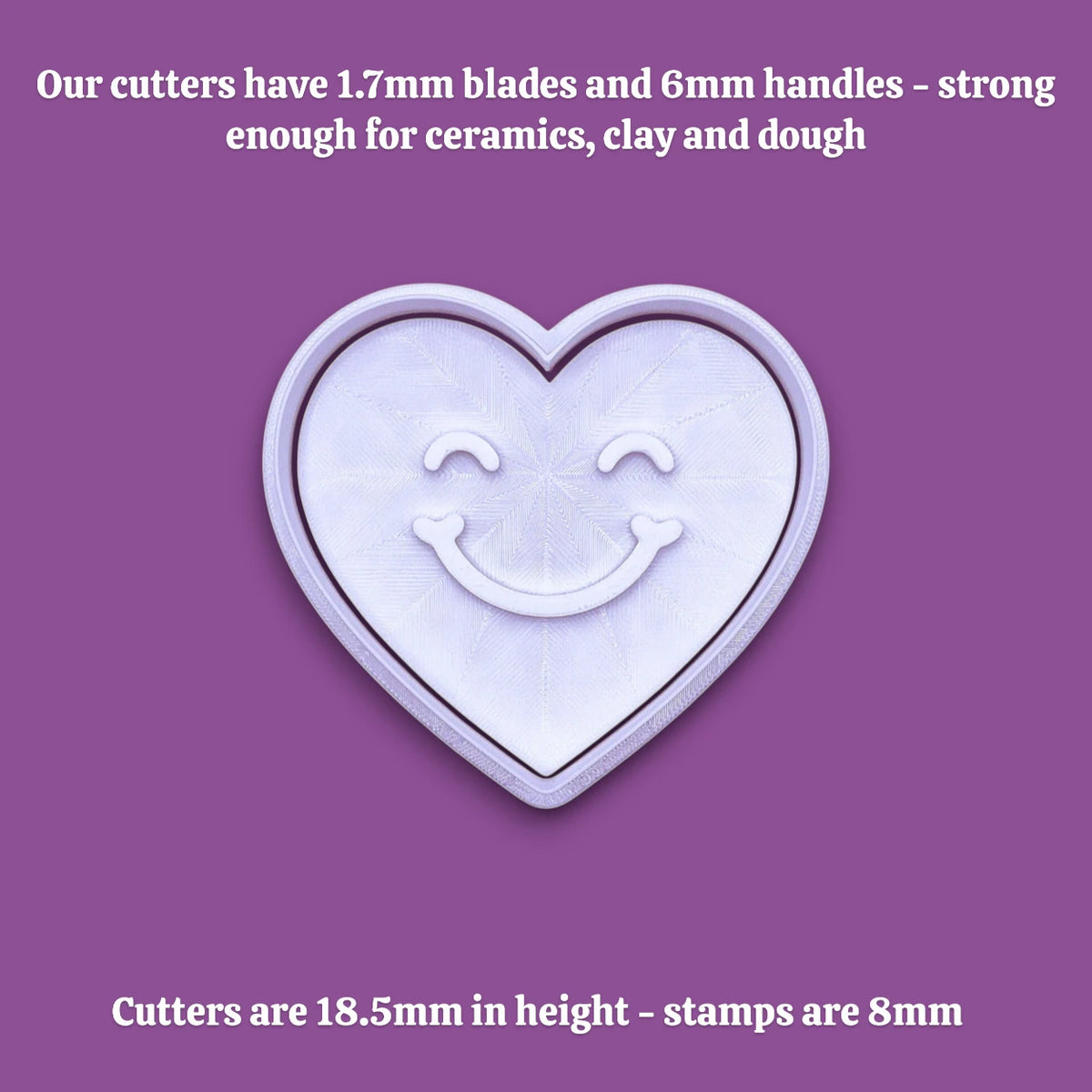 Handmade and customizable heart cookie cutter with cute face stamp alongside cutter and handle dimensions.