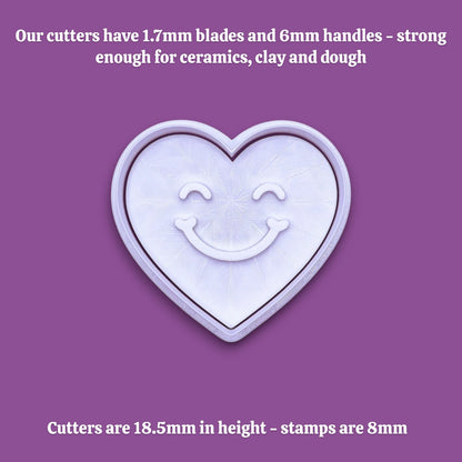 Handmade and customizable heart cookie cutter with cute face stamp alongside cutter and handle dimensions.