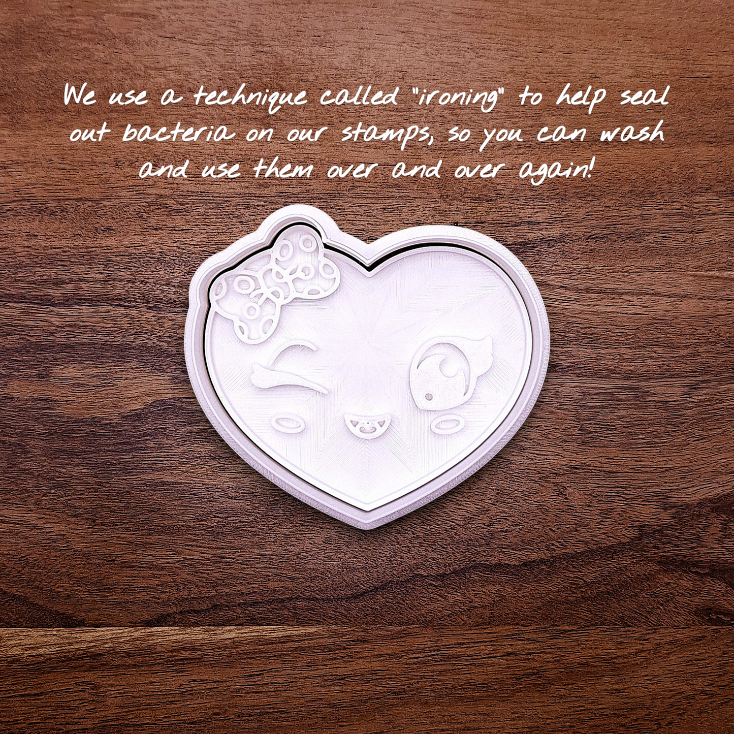 Heart cookie cutter stamp with girly face imprint, perfect for Valentine’s Day cookies, weddings, parties, fondant, and fun DIY baking projects.