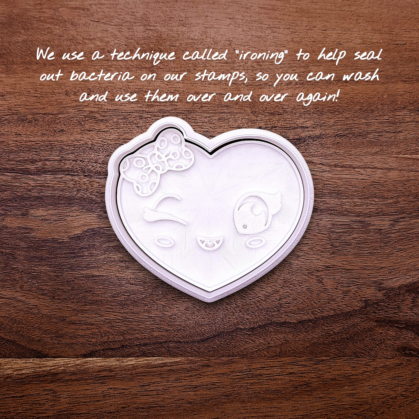 Heart cookie cutter stamp with girly face imprint, perfect for Valentine’s Day cookies, weddings, parties, fondant, and fun DIY baking projects.