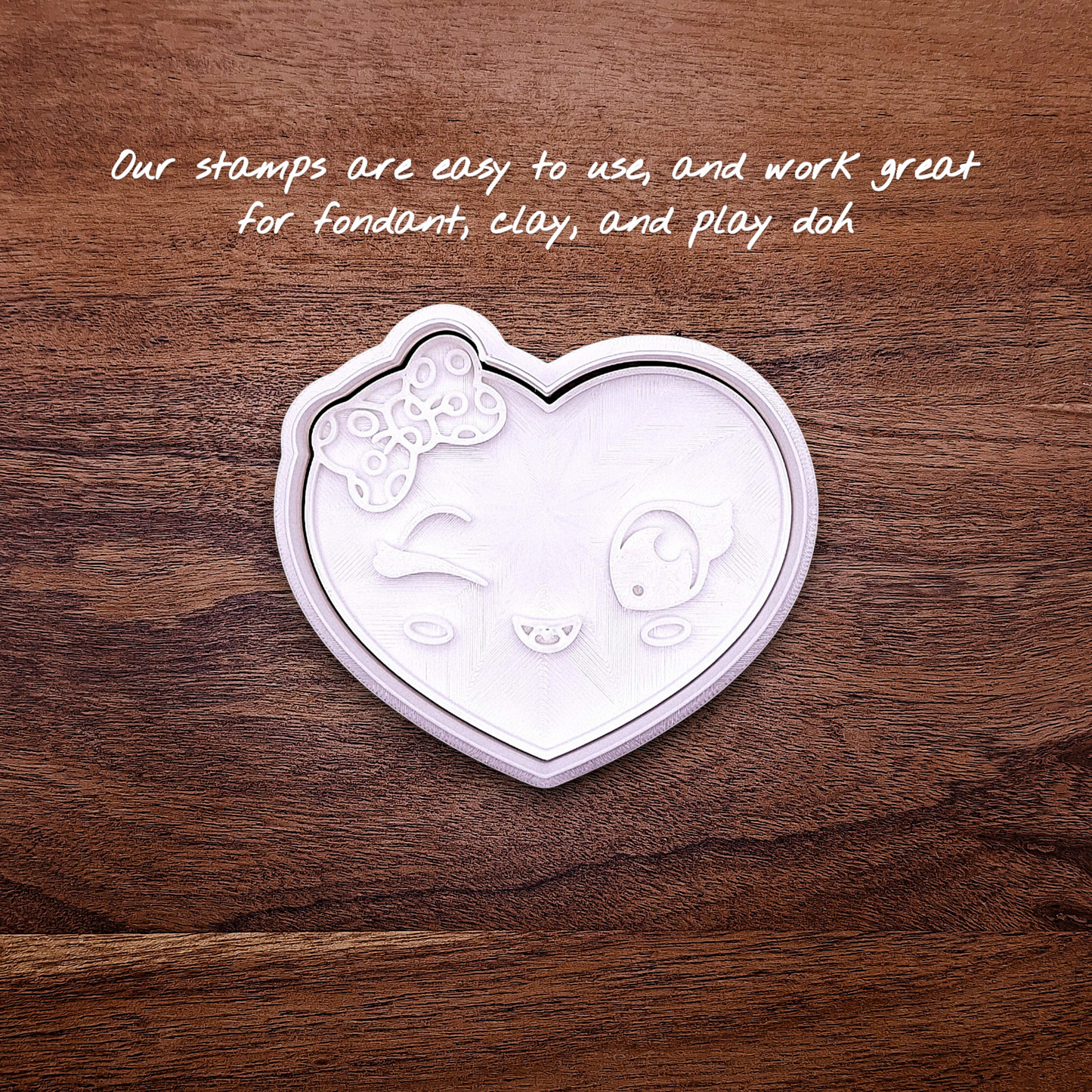 Heart cookie cutter stamp with girly face imprint, perfect for Valentine’s Day cookies, weddings, parties, fondant, and fun DIY baking projects.