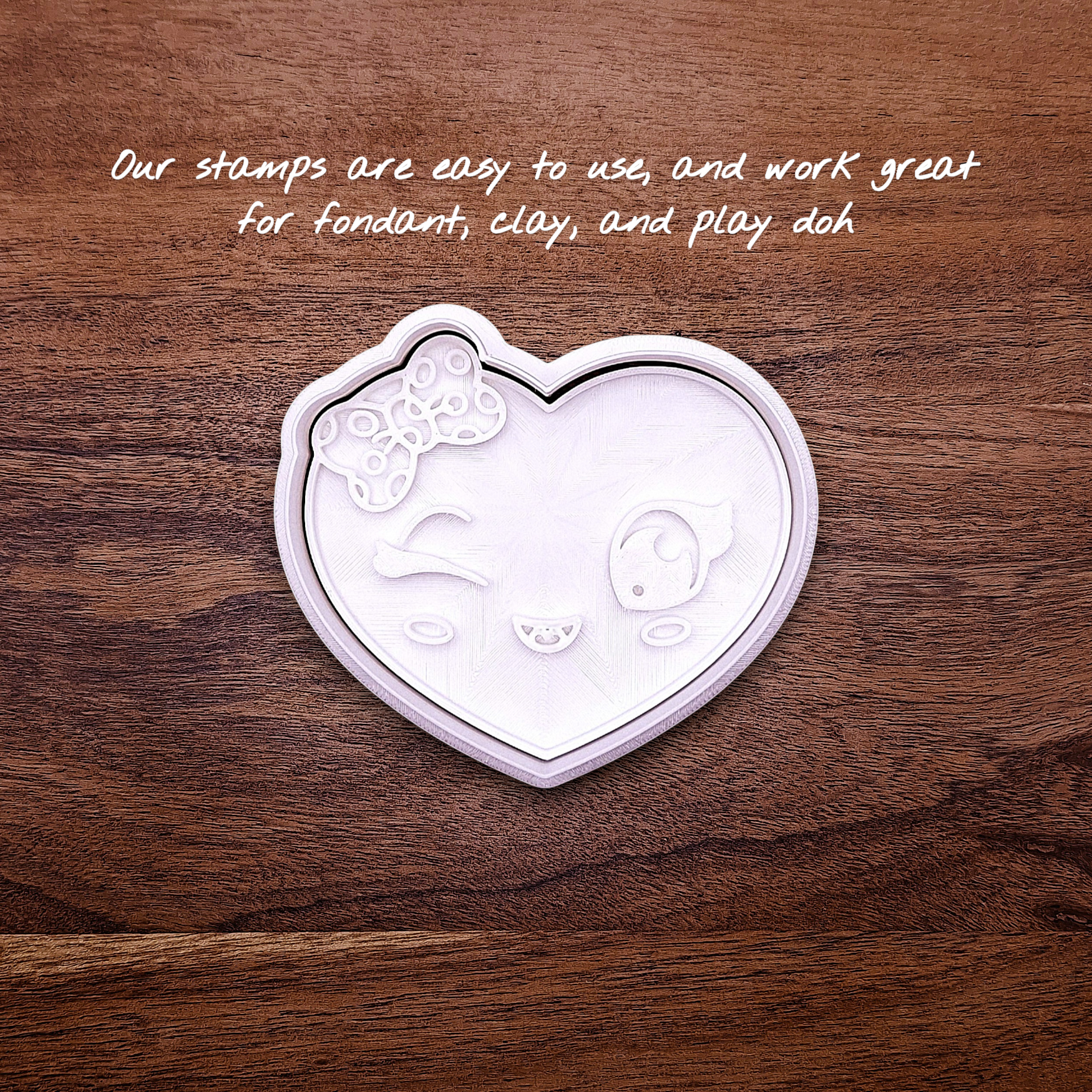 Heart cookie cutter stamp with girly face imprint, perfect for Valentine’s Day cookies, weddings, parties, fondant, and fun DIY baking projects.