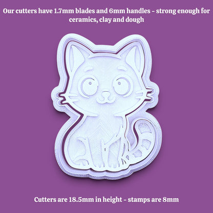 Customizable cat cookie cutter and stamp, perfect for kitty cookie designs, fondant toppers, birthday parties, crafts or cat themed baking projects.