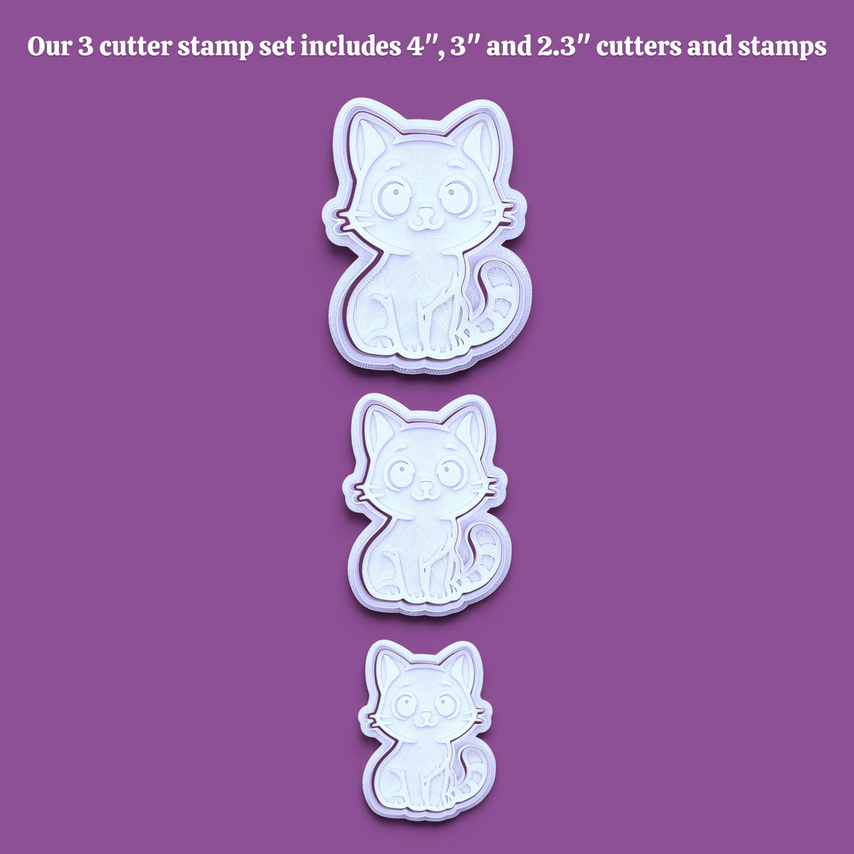 Three white cat-shaped cookie cutters and stamps of different sizes are displayed vertically on a solid purple background, with white text at the top stating 'Our 3 cutter stamp set includes 4", 3" and 2.3" cutters and stamps'.