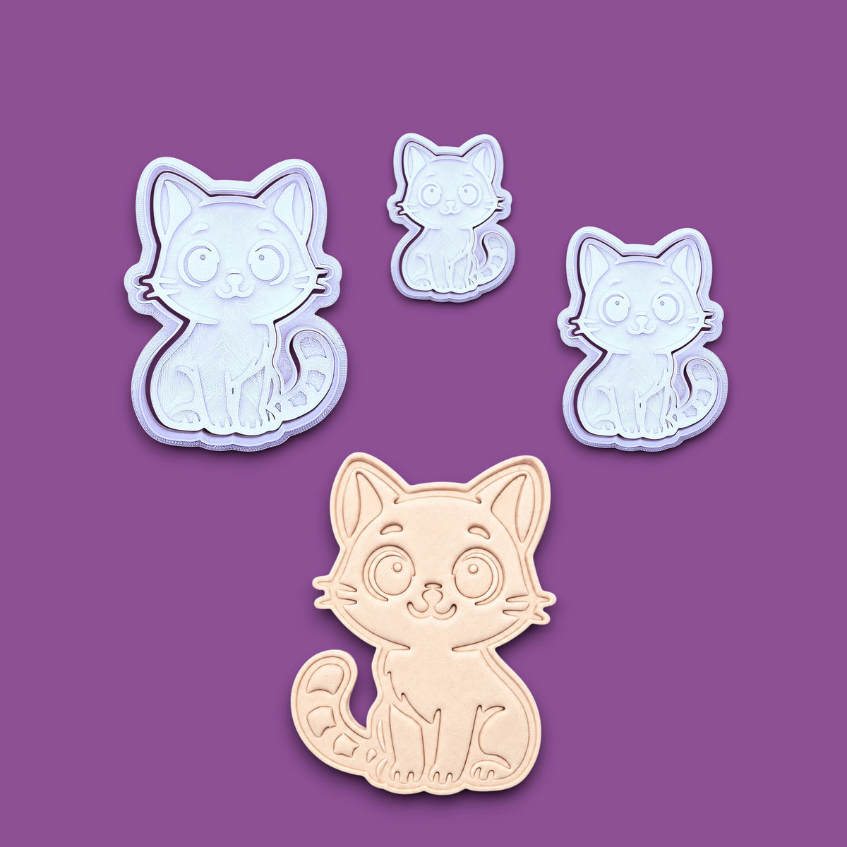 Customizable cat cookie cutters with stamps and dough cutout, perfect for kitty cookie designs, fondant toppers, birthday parties, crafts or cat themed baking projects.