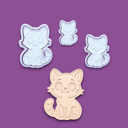 Customizable cat cookie cutters with stamps and dough cutout, perfect for kitty cookie designs, fondant toppers, birthday parties, crafts or cat themed baking projects.