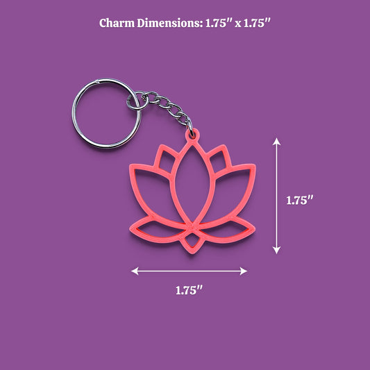 A pink lotus-shaped keychain charm with a silver split ring and chain, shown on a solid purple background with white dimension lines and text indicating a 1.75" x 1.75 charm size.