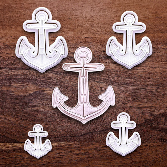 Anchor cookie cutters with matching stamps and dough cutout. Ideal for making detailed cookies, fondant toppers, or ocean party treats.