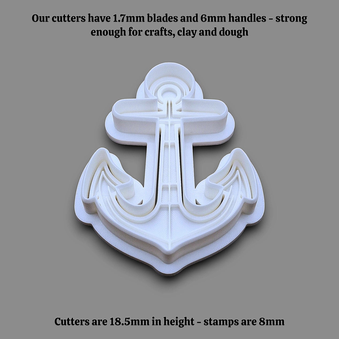 White plastic anchor-shaped cutter shown on a plain gray background, with black text above and below describing blade and stamp sizes.