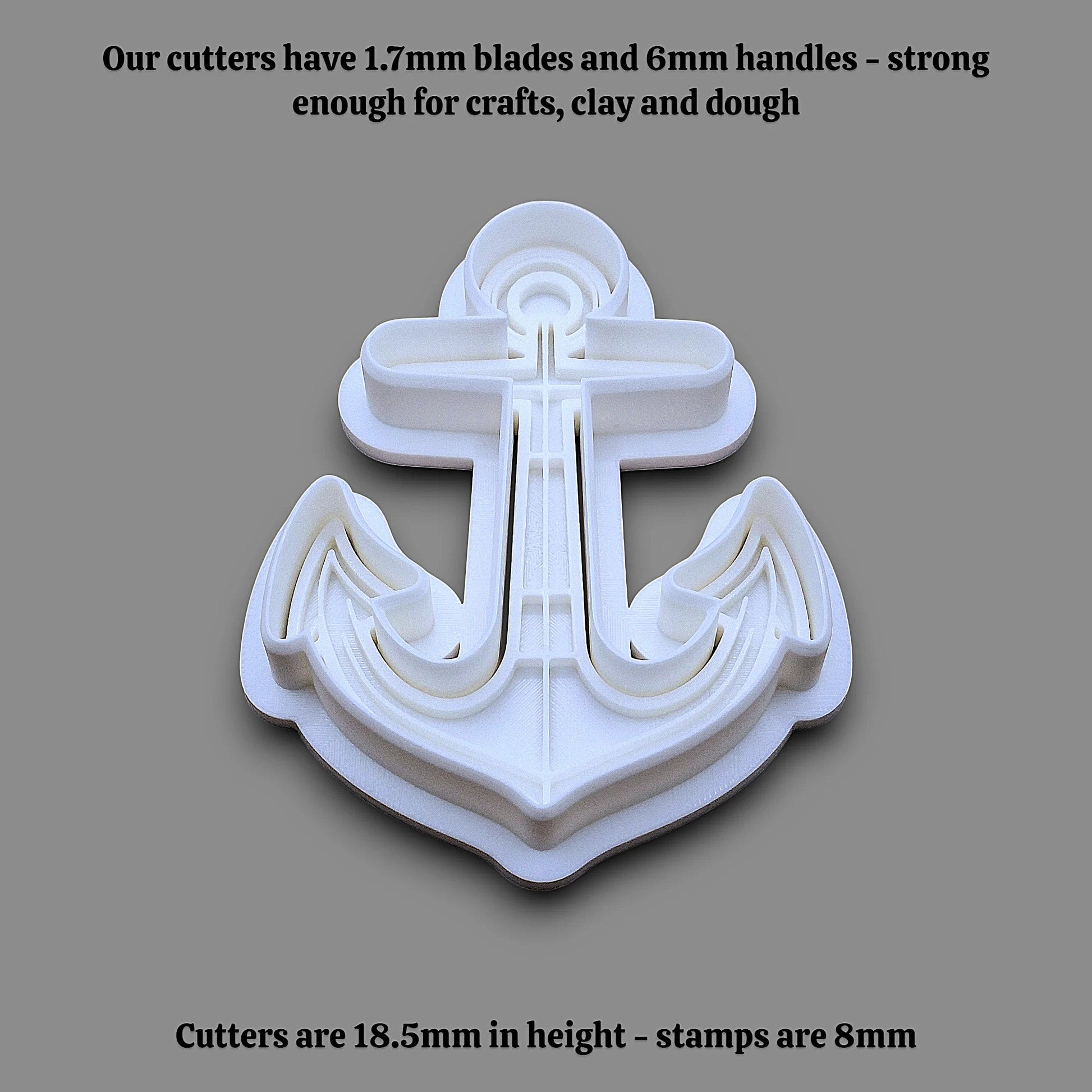 White plastic anchor-shaped cutter shown on a plain gray background, with black text above and below describing blade and stamp sizes.