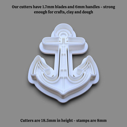 White plastic anchor-shaped cutter shown on a plain gray background, with black text above and below describing blade and stamp sizes.