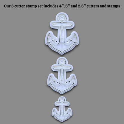 Three white anchor-shaped cutter stamps shown vertically on a gray background, with black text at the top reading 'Our 3 cutter stamp set includes 4", 3", and 2.3" cutters and stamps'.