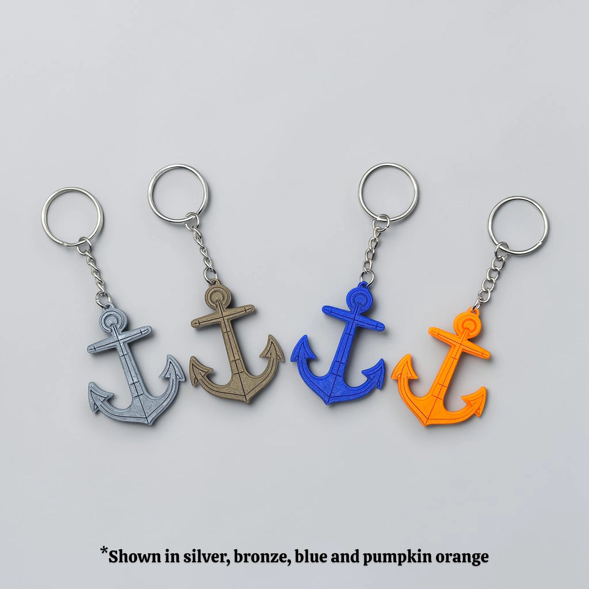 Eco-friendly handmade and customizable anchor keychains in unique colors, perfect nautical accessory for baby showers, boat lovers, coastal weddings, and beach-themed gifts.