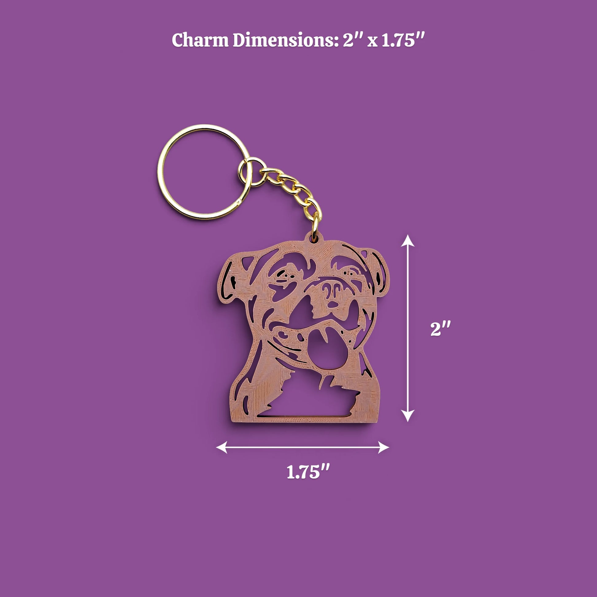 Size guide for handmade and customizable pit bull keychain in brown, perfect for pittie owners, pitbull lovers, party favors, and unique bag charms.