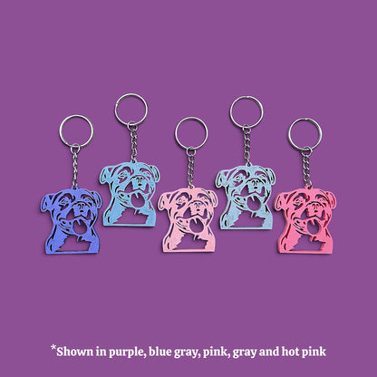 Reverse of handmade and customizable pit bull keychains in multiple colors, perfect for pittie owners, pitbull lovers, party favors, and unique bag charms.