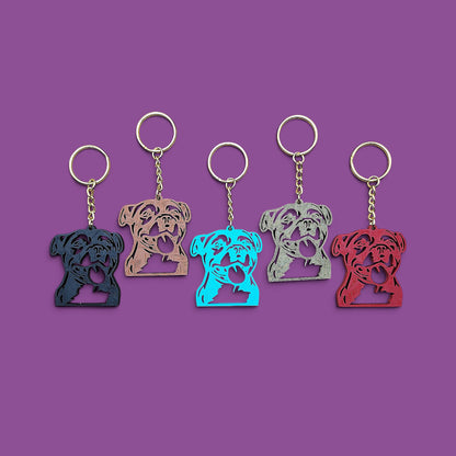 Handmade and customizable pit bull keychains in multiple colors with silver keyrings, perfect for pittie owners, pitbull lovers, party favors, and unique bag charms