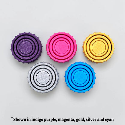 Bulk fidget and gyro spinners in five colors, perfect for party favors, event giveaways, classroom prizes and promotional items. Customizable in 30 colors and handmade in USA.