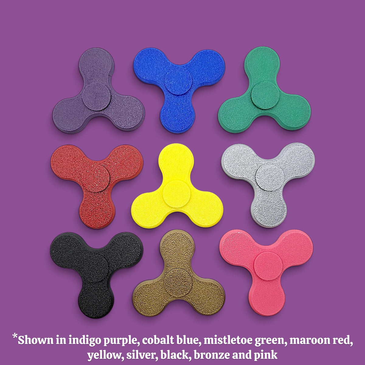Fidget spinners in various colors, perfect for party favors, birthday gifts and classroom rewards. Customizable in 30 unique colors.