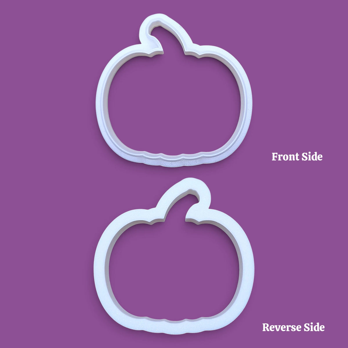 Customizable pumpkin cookie cutter shown on front and reverse, perfect for fall, Halloween, and Thanksgiving-themed baking or crafts.